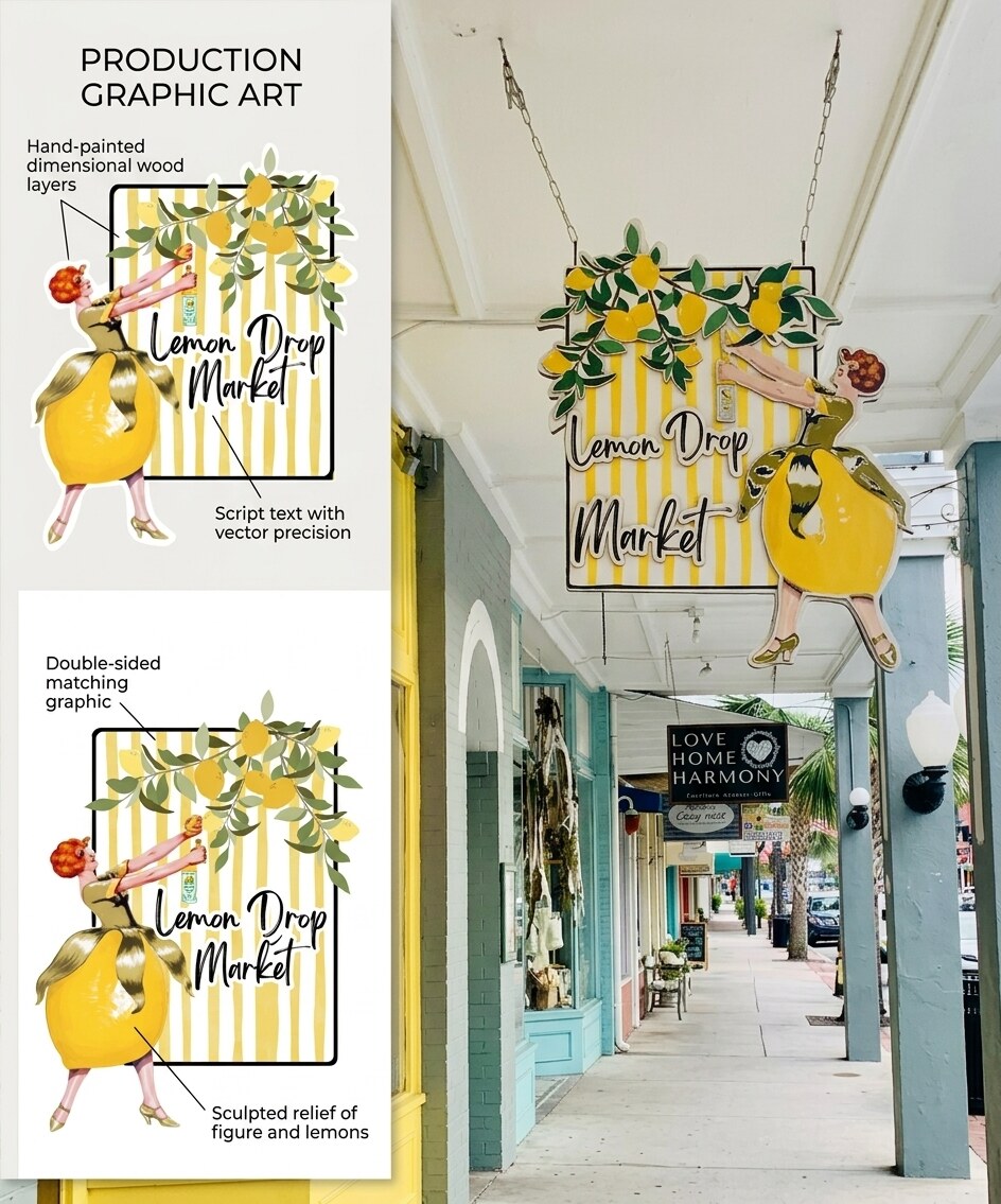 Custom business graphic artwork and hanging storefront sign